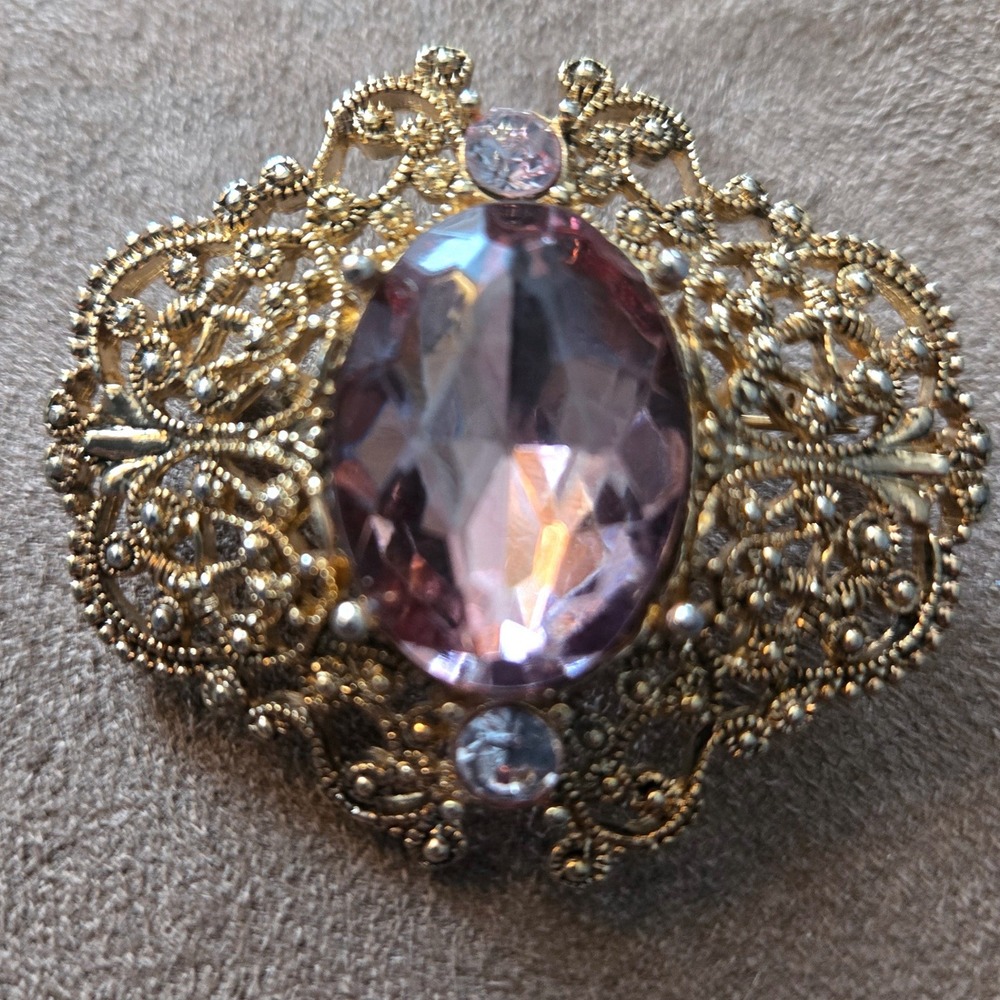Vintage Czech Gold Tone Filigree Faux‎ Amethyst Brooch / Pendant Victorian Style